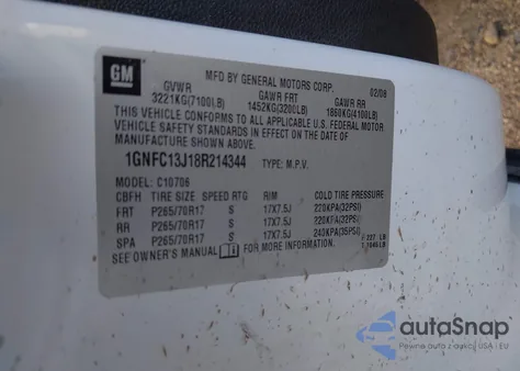 2008 Chevrolet Tahoe Lt z USA, uszkodzony, nr VIN 1GNFC13J18R214344